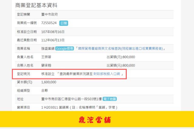 台中強盛當舖商工登記